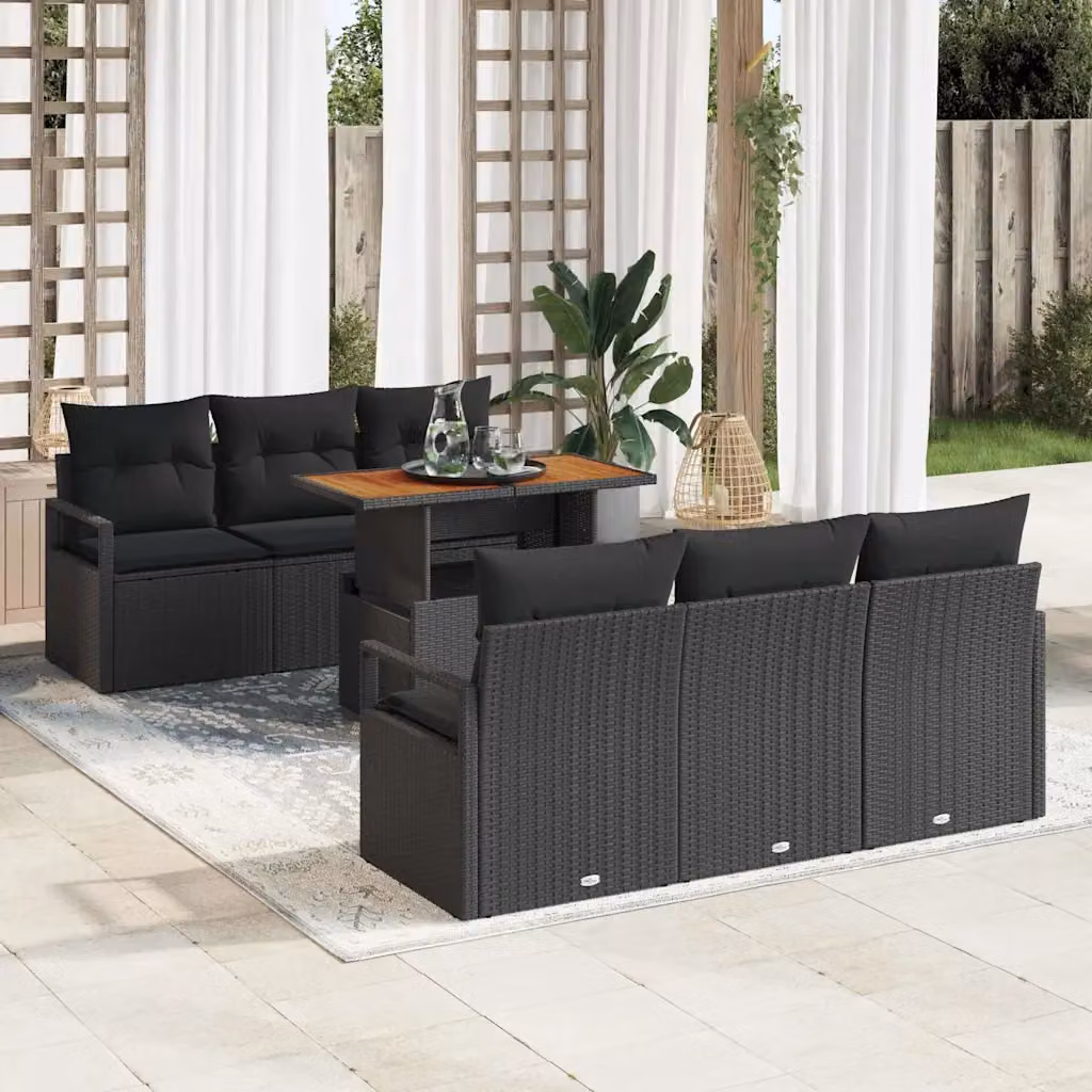 Set Divano da Giardino vidaXL 7 Pezzi Nero con Cuscini e Contenitore per Archiviazione in Rattan e Metallo – 1