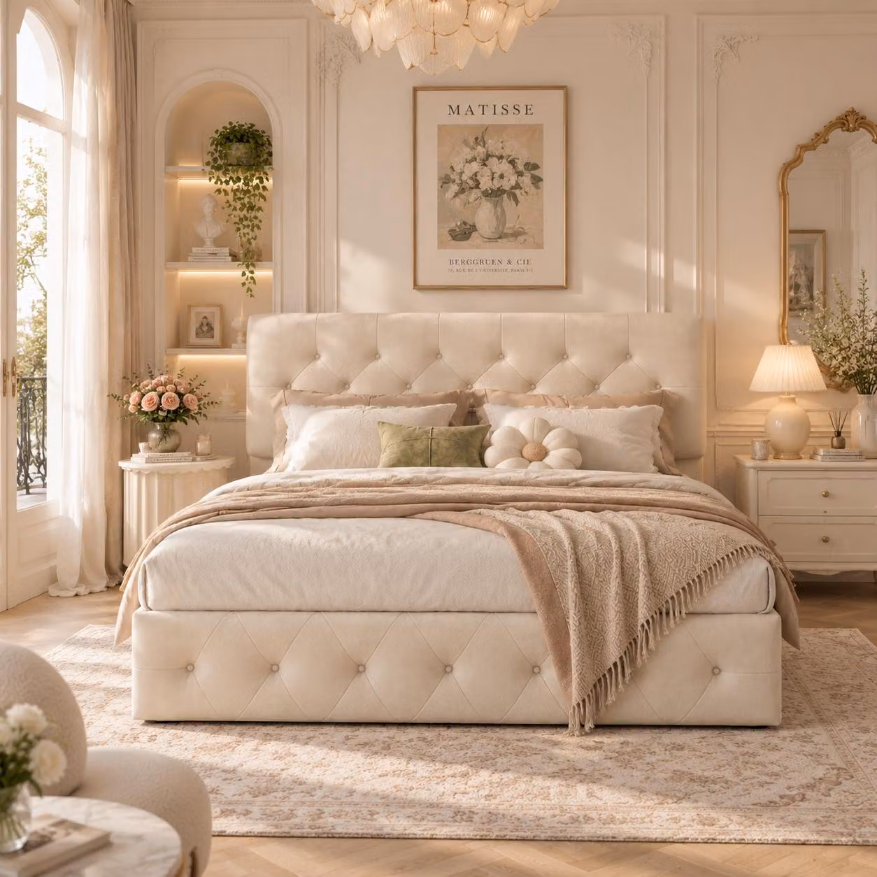 Letto imbottito INONEFT, 160x200 cm, con spazio contenitore, letto con sistema di sollevamento idraulico, letto per ragazzi con poggiatesta regolabile in altezza, rivestito in velluto, colore crema-bianco
