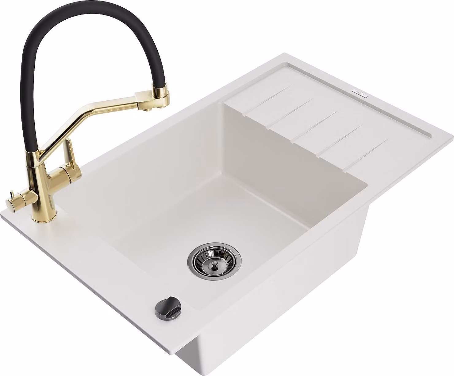 Mexen Elias lavello in granito a 1 vasca con scolapiatti e miscelatore Duo, bianco - 6511-20-671701-57-B