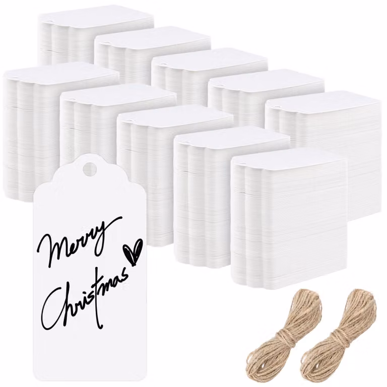 Etichette in carta kraft, 1000 pezzi, 9x4,5 cm, bianche, con cordino