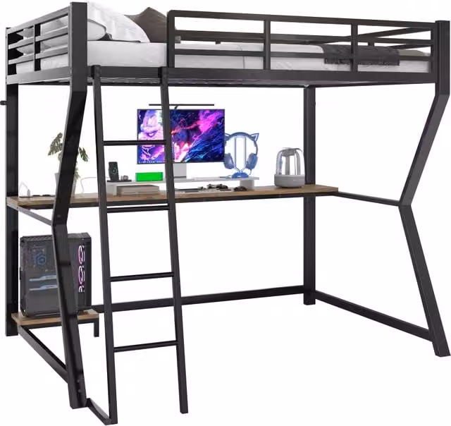Letto a castello REDOM in metallo nero con porta di ricarica USB e illuminazione sottostante, dimensioni 90 x 200 cm