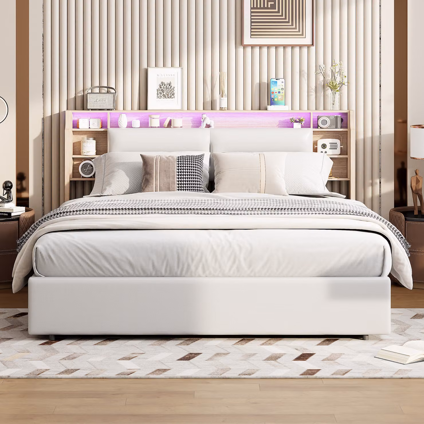 Letto imbottito ProximaX 140x200cm con rete a doghe, letto a molle idrauliche con contenitore, letto contenitore letto matrimoniale con testata contenitore e LED, bianco