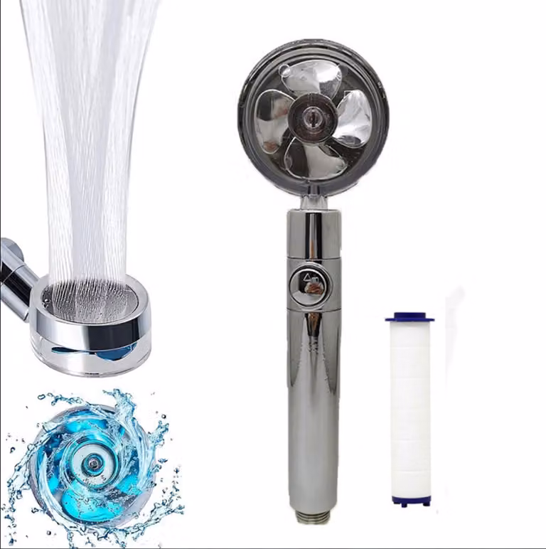 Soffione doccia turbo ad alta pressione con filtro in cotone, doccetta orientabile a 360° a risparmio idrico, soffione doccia Hydro Jet - Argento