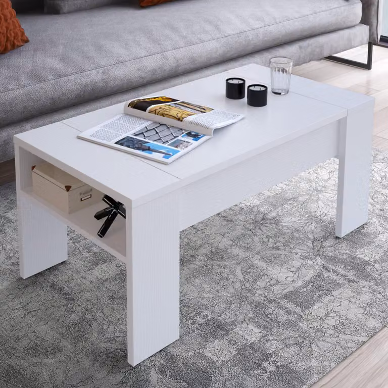 Dmora Tavolino da Salotto Corallo 98x50x43h cm Bianco, un Vano Piano Sollevabile