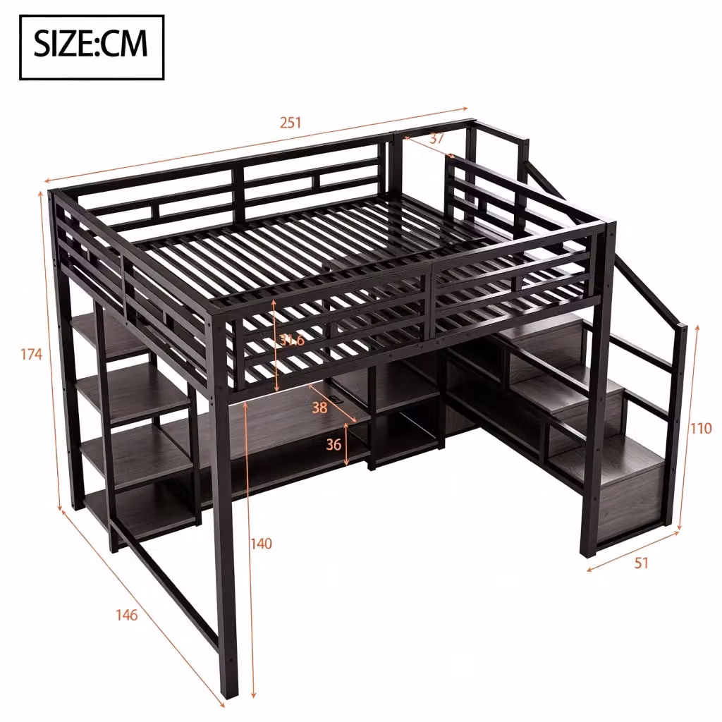 Letto a soppalco REDOM moderno in metallo e MDF nero con scala e scomparti laterali L/P/H: 251 x 140 x 174 cm – 2