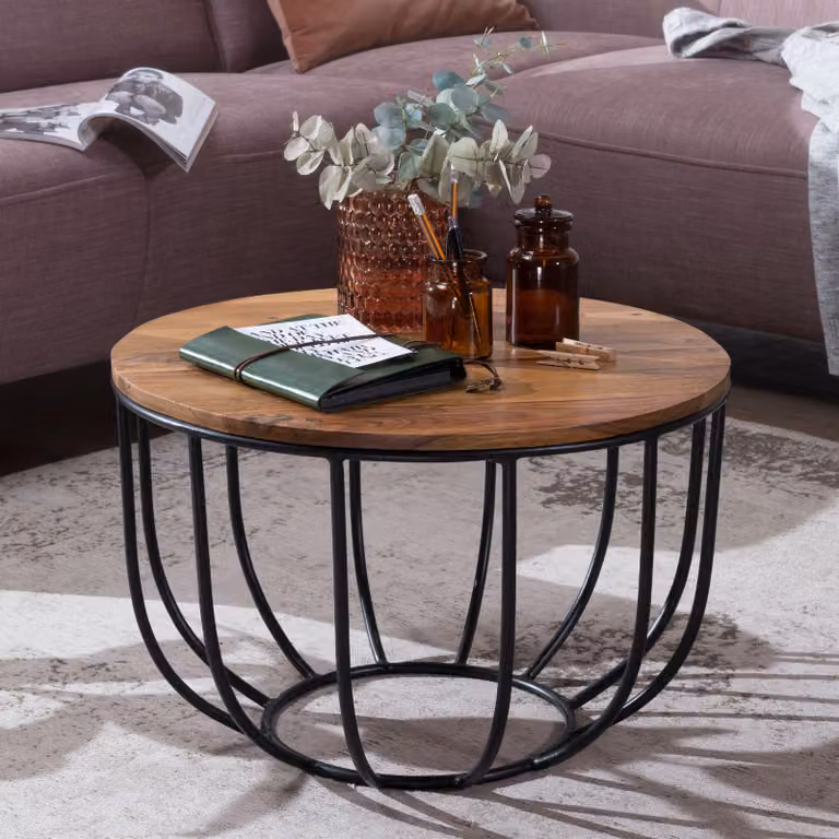 WOHNLING Tavolino MANORA 60x39x60 cm Legno massiccio di sheesham / metallo