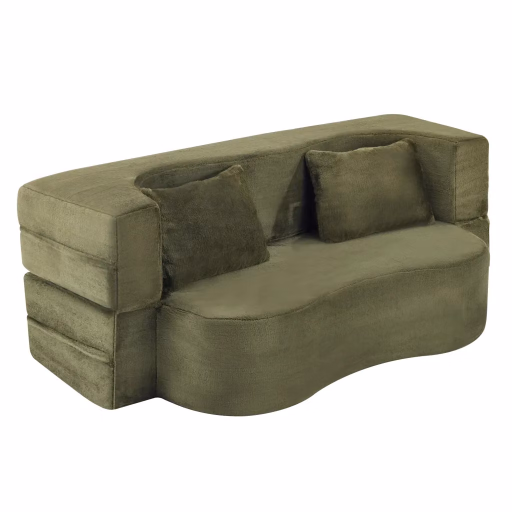 Divano letto pieghevole Chicfurn a 2 posti con design ondulato in tessuto effetto peluche e 2 cuscini, colore verde – 2