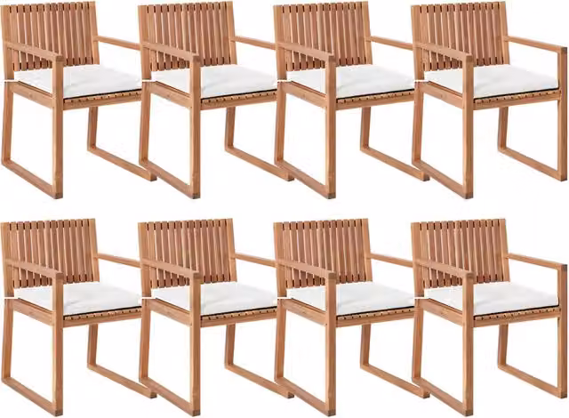 Set 8 sedie da giardino con cuscini in legno di acacia certificato rivestimento in finto lino bianco sporco design classico rustico