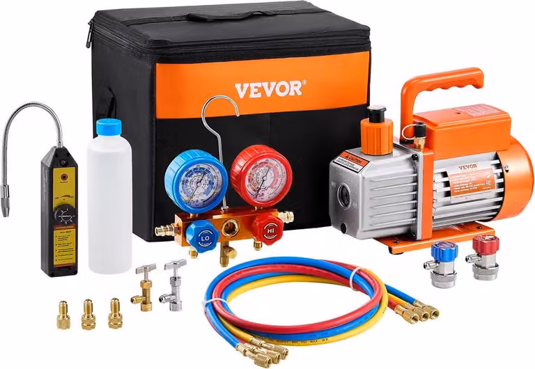 Pompa per vuoto rotativa a palette monostadio da 4,5 CFM e kit manometro manifold compatibile con i refrigeranti R134a, R22, R12, R502, R410a, R404 e R407C.