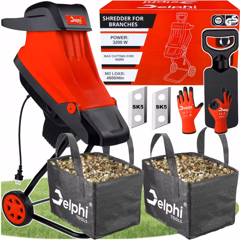 Trituratore elettrico per rami 3200 W, 45 mm, con 2 contenitori