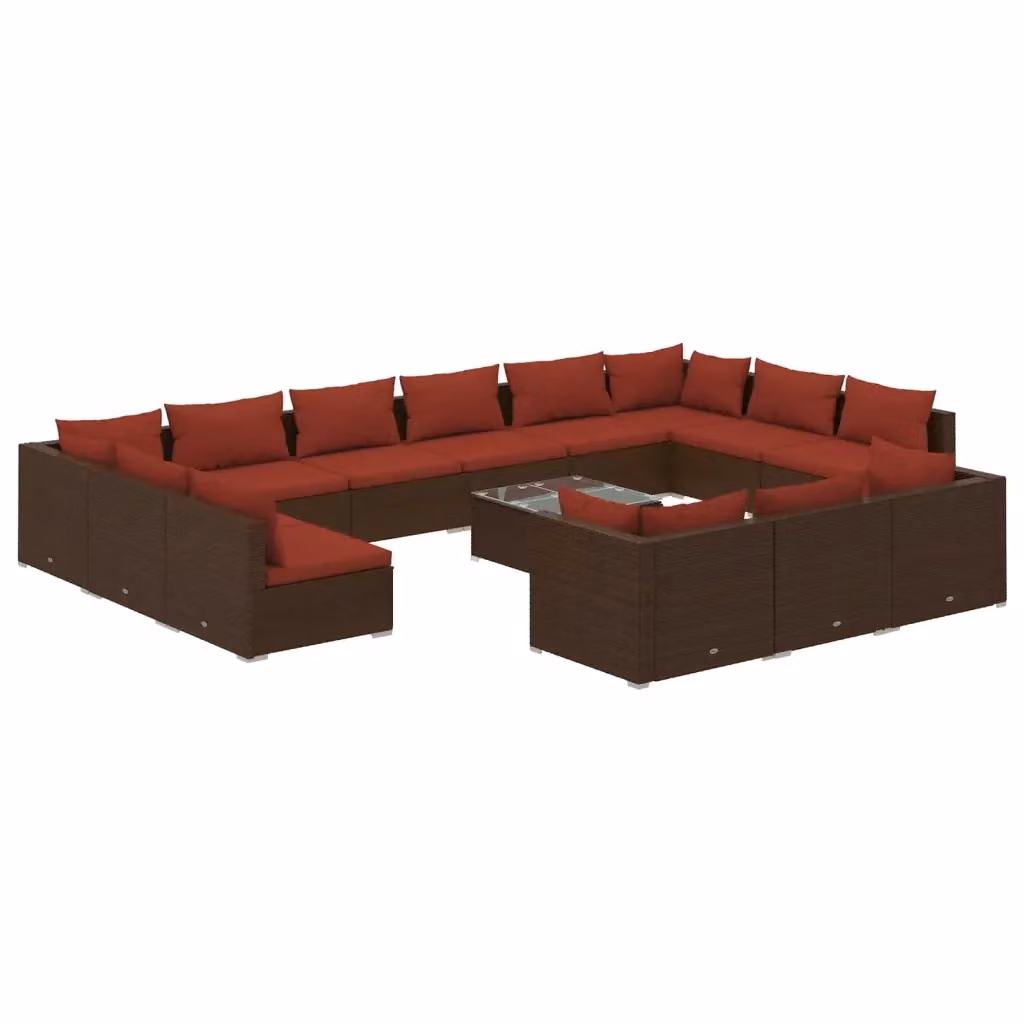 Set di Divani da Giardino a Forma di U con Tavolino vidaXL, 14 Pezzi in Polyrattan Marrone e Rosso con Cuscini Imbottiti e Coperture Rimovibili – 2
