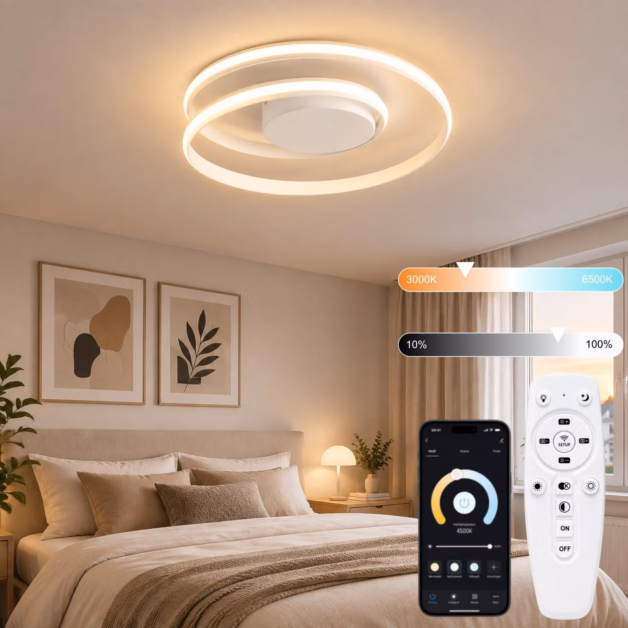 Lampada a soffitto LED a forma di anello, diametro 50 cm, bianca, lampada intelligente per la casa, controllabile tramite app e telecomando, lampada dimmerabile per la camera da letto con 3 tonalità di luce, a basso consumo energetico