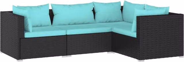 Set di mobili da giardino Outsunny a forma di L composto da 4 pezzi con cuscini blu e struttura in resina intrecciata nera e acciaio verniciato a polvere