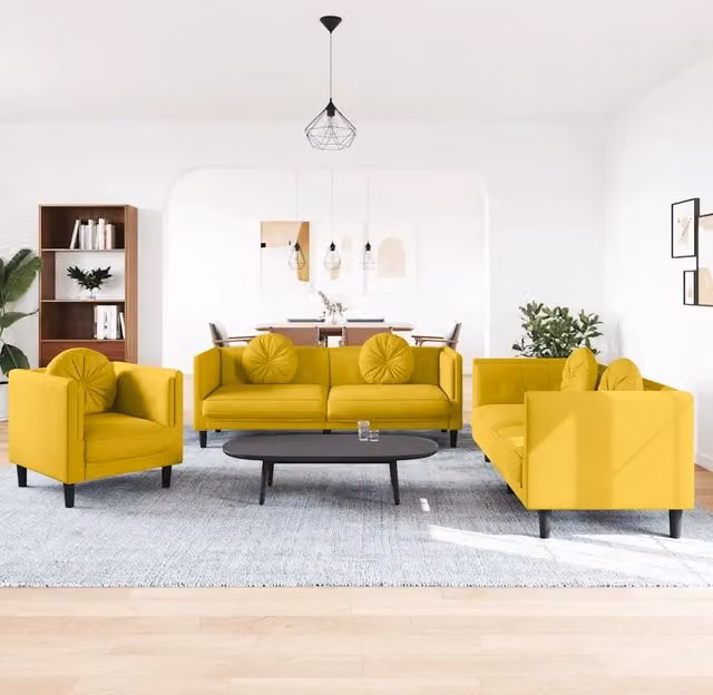 Set di divani moderno vidaXL in velluto giallo con cuscini, composto da un divano a 3 posti e un divano a 2 posti con struttura in legno massiccio