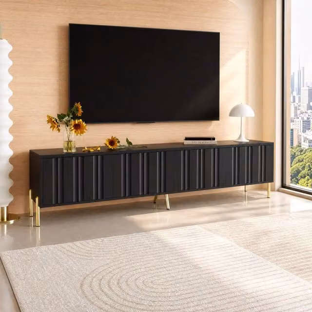 Mobile TV moderno MODFU nero con 4 ante e gambe dorate L: 190 cm, P: 38 cm, H: 48 cm