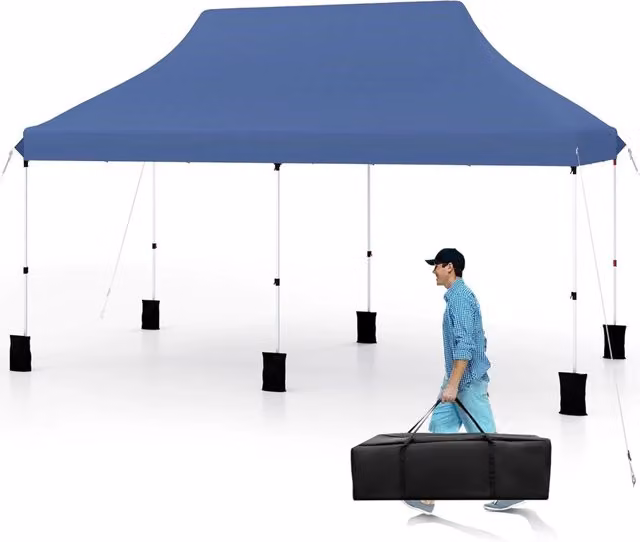 Gazebo Pieghevole da Giardino Costway Blu e Nero con Protezione UPF 50+ e Struttura in Metallo L/P/H: 600 x 300 x 210 cm