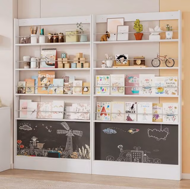 Set 2 librerie frontali ULEVR 100x10x180 cm con 4 ripiani aperti, lavagna e fissaggio a parete, bianco