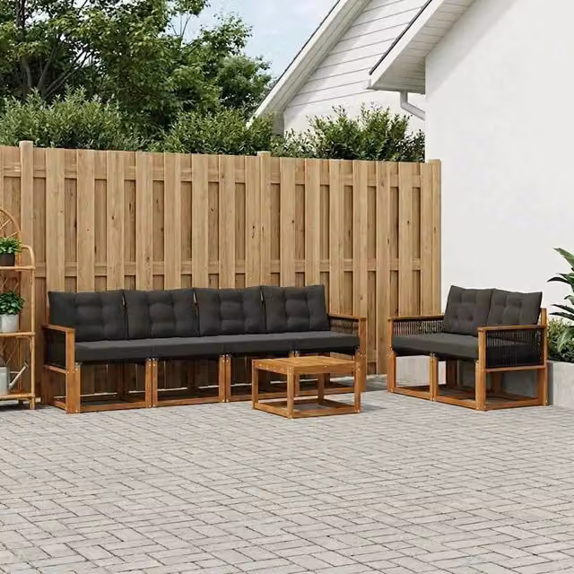 Set di mobili da esterno vidaXL composto da 7 pezzi con divani, poltrone e tavolino da caffè in legno di acacia trattato, colori beige e nero – 1