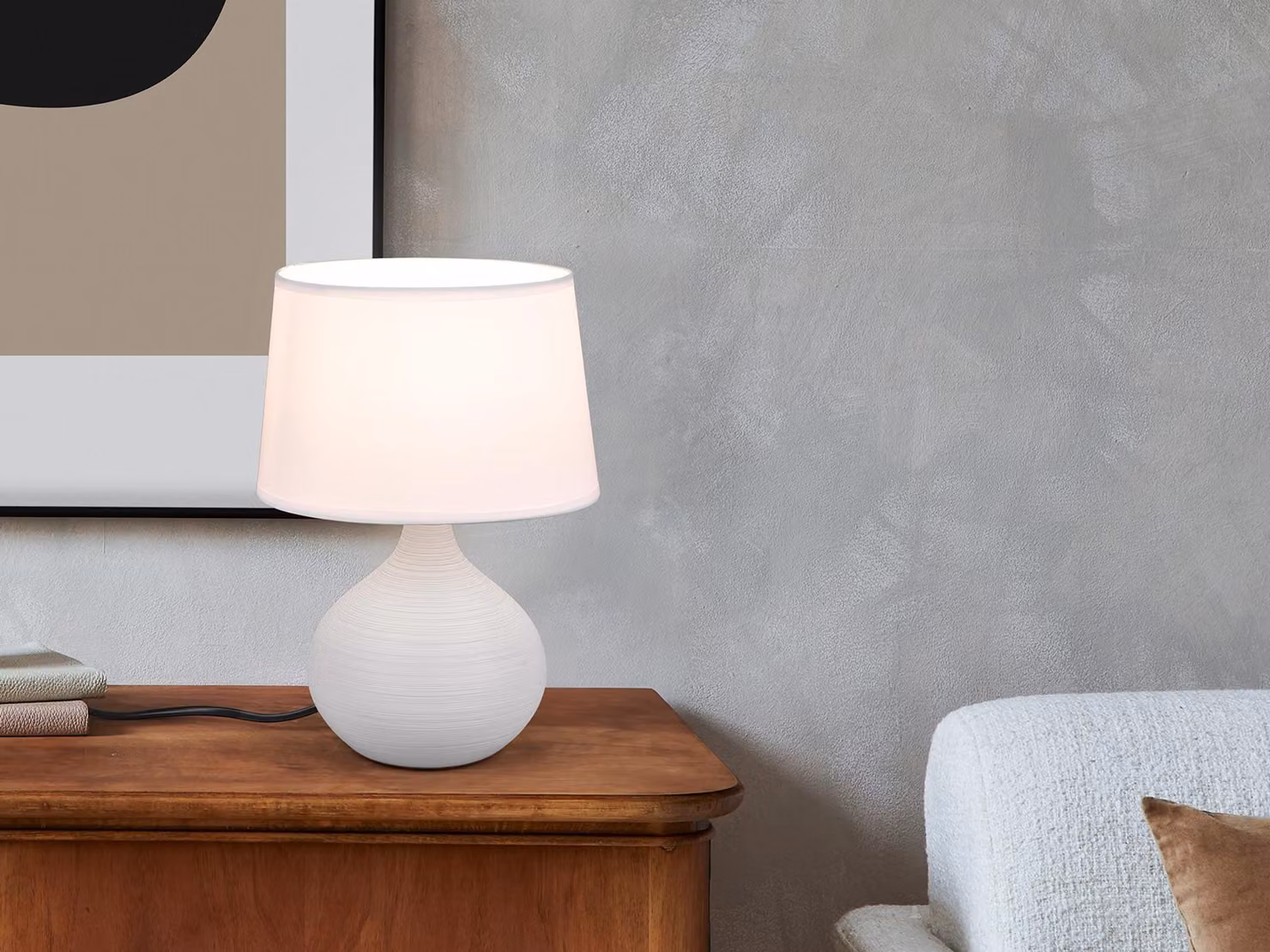 Lampada da tavolo a LED con base in Vetroceramica beige e paralume in tessuto bianco, lampada da comodino H: 29cm