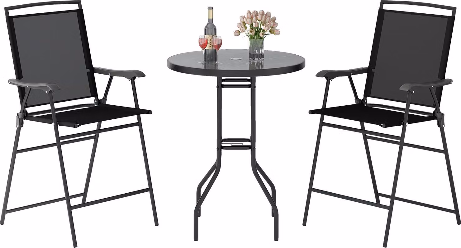 Set da esterno composto da 3 elementi per bar, con piano del tavolo in materiale DPC e foro per ombrellone, tavolo da terrazza con struttura in metallo, 2 sedie pieghevoli, colore nero