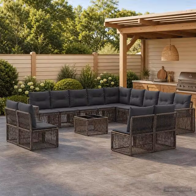 Set Divano da Giardino vidaXL a forma a U composto da 14 pezzi in Polyrattan con Tavolino e Cuscini, Colore Grigio e Antracite – 1