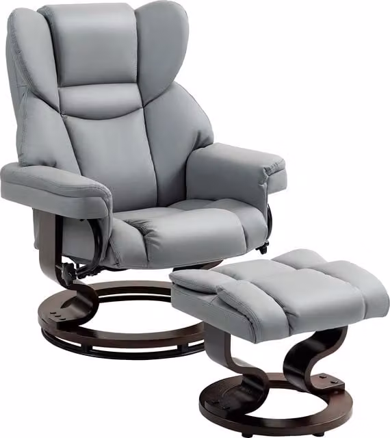 Poltrona Relax Girevole HOMCOM con Poggiapiedi Integrato, Schienale Alto in Ecopelle e Base in Legno, Grigio Chiaro – 1