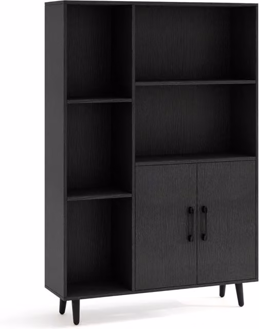 Libreria moderna Design Mania con 5 scomparti aperti e armadio, mobile espositore in legno e metallo Nero