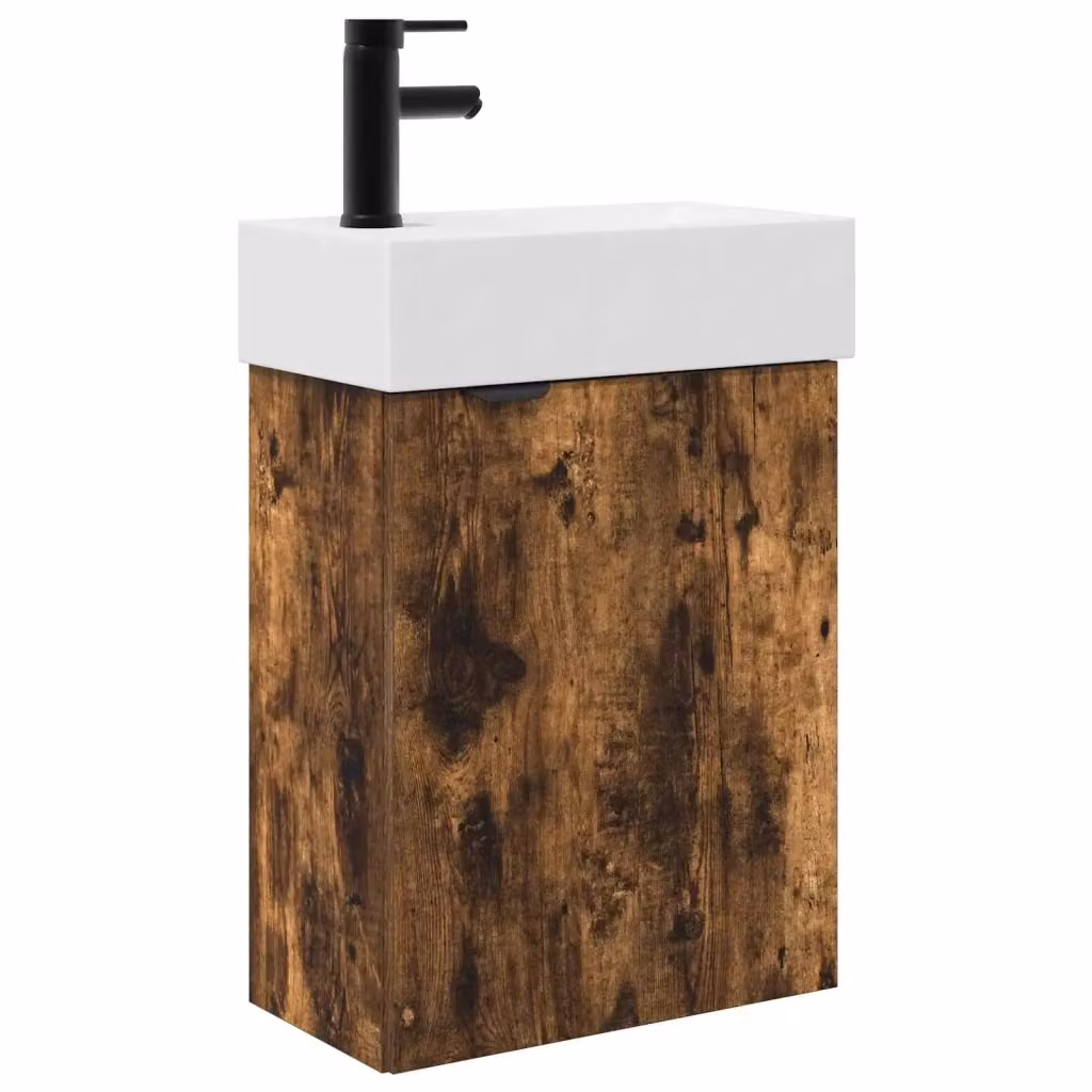 Mobile bagno moderno vidaXL in legno Rovere con rubinetto, sospeso, L: 45,5 cm, P: 22,5 cm, H: 84 cm – 2