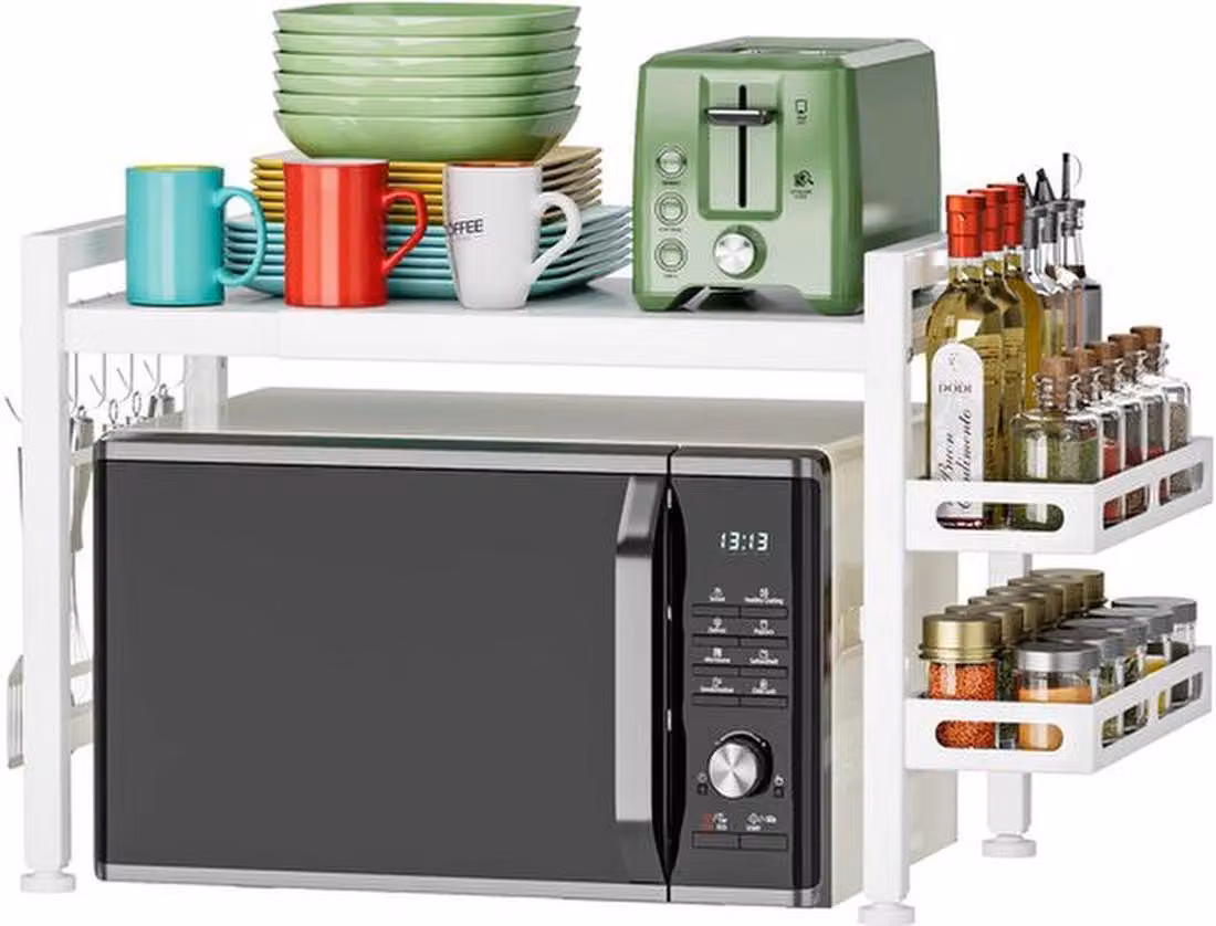 Azomor: scaffale da cucina estraibile con ripiano per le spezie e ganci per uno spazio di stoccaggio aggiuntivo