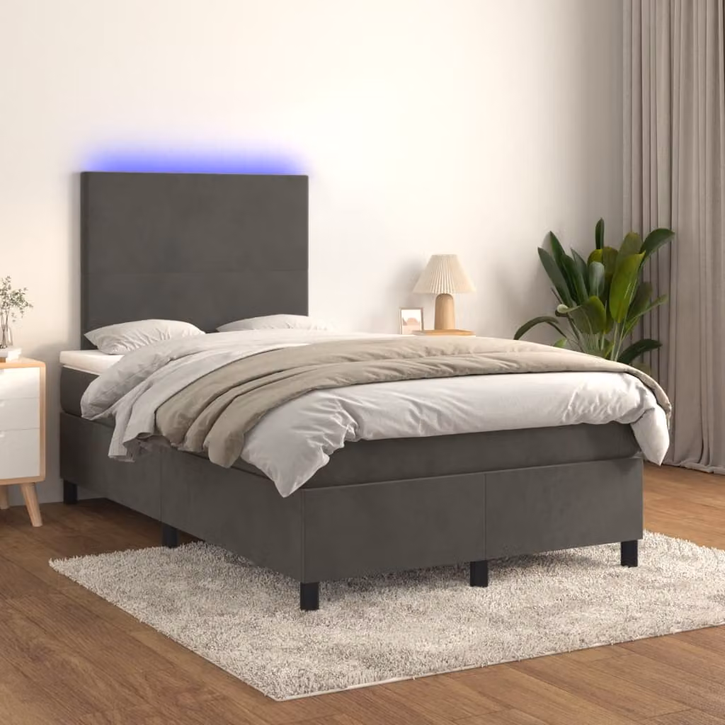 Letto Ibrido vidaXL con Materasso, Illuminazione LED Sotto il Letto e Porte USB, Rivestimento in Velluto Grigio, L 120 x P 200 cm – 1