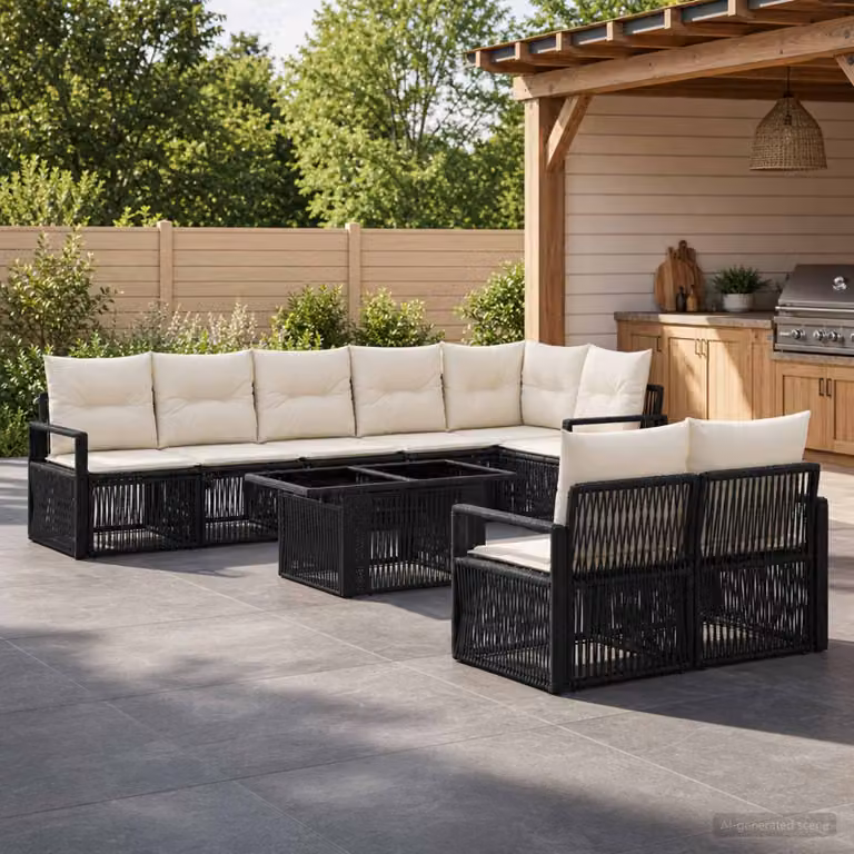 Set Divano da Giardino vidaXL 9 Pezzi in Polyrattan con Cuscini, Forma a L e Tavolino, Nero e Bianco Crema