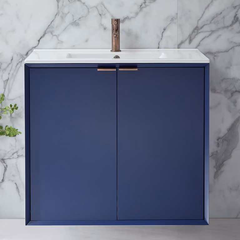 Mobile Bagno Sospeso Blu Marino 800mm con Lavabo e Maniglia con Impugnatura a Dito Bronzo Spazzolato - Edge