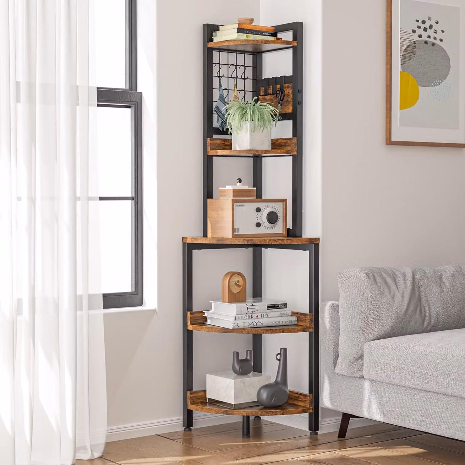 Libreria in metallo, 5 ripiani, 40x40x152 cm, scaffale angolare per soggiorno