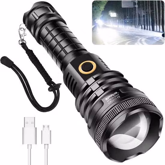 Lampada da tasca LED USB con 10000 Lumen e tecnologia XHP90, zoomabile e impermeabile IP65, colore nero, ideale per campeggio e bicicletta con 5 modalità di illuminazione e focus regolabile