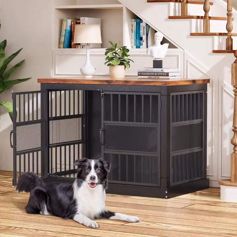 Gabbia per cani, mobile, 104 cm, legno, per interni, doppia porta, resistente ai morsi, colore nero, dimensioni 104x51x78 cm