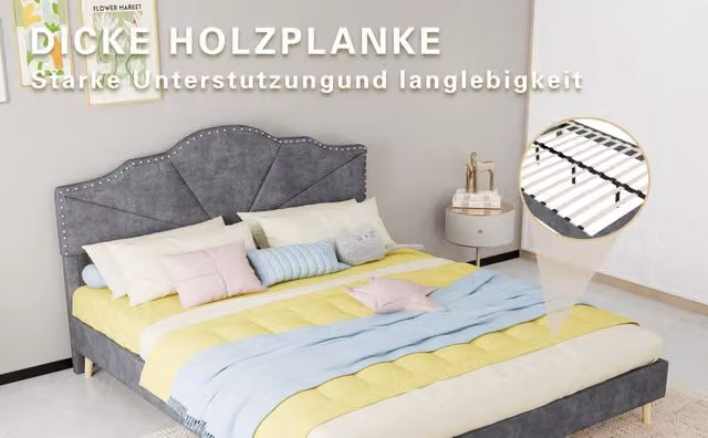 Letto imbottito moderno 160×200 cm grigio con testiera geometrica impunturata, base bassa con doghe, materasso 160×200 cm incluso