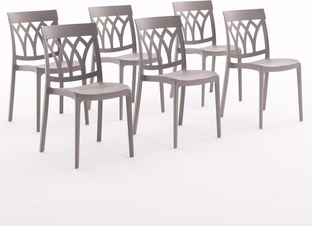 set di 6 sedie impilabili in polipropilene con fibra di vetro per uso esterno e giardino, bar e ristorante, cucina design moderno - EMMA - Tortora