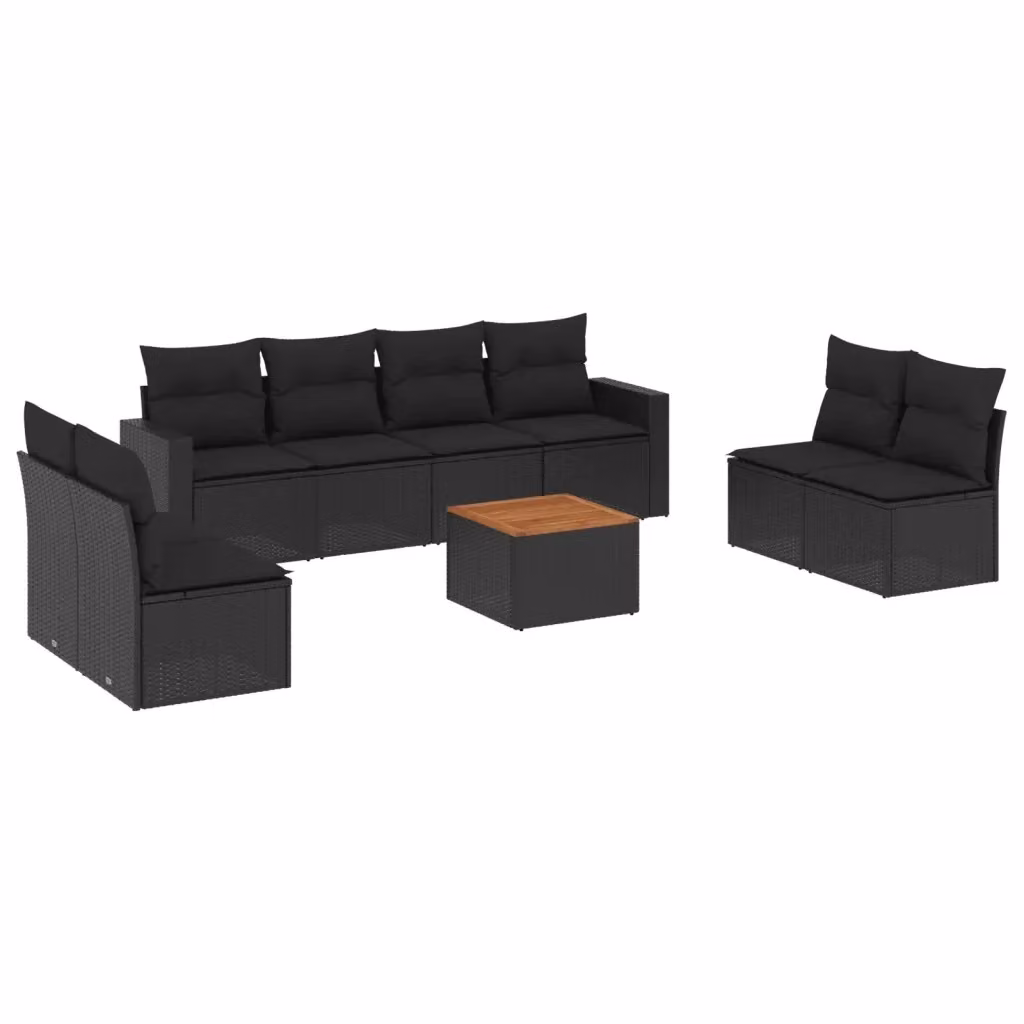 Set di divani da giardino vidaXL in polyrattan nero con cuscini, tavolino e sedute a forma di U per esterno – 2