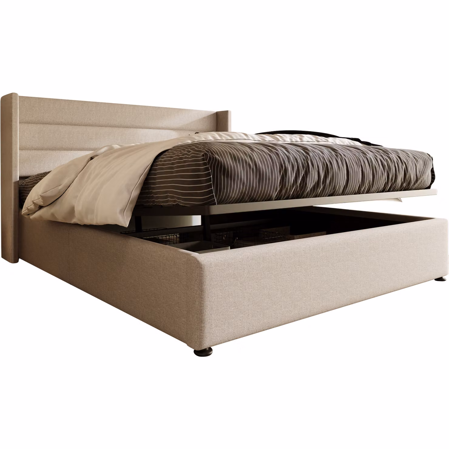 Letto contenitore 160x200 cm, color beige, in lino, con meccanismo idraulico, contenitore integrato e rete a doghe, ideale per la camera da letto