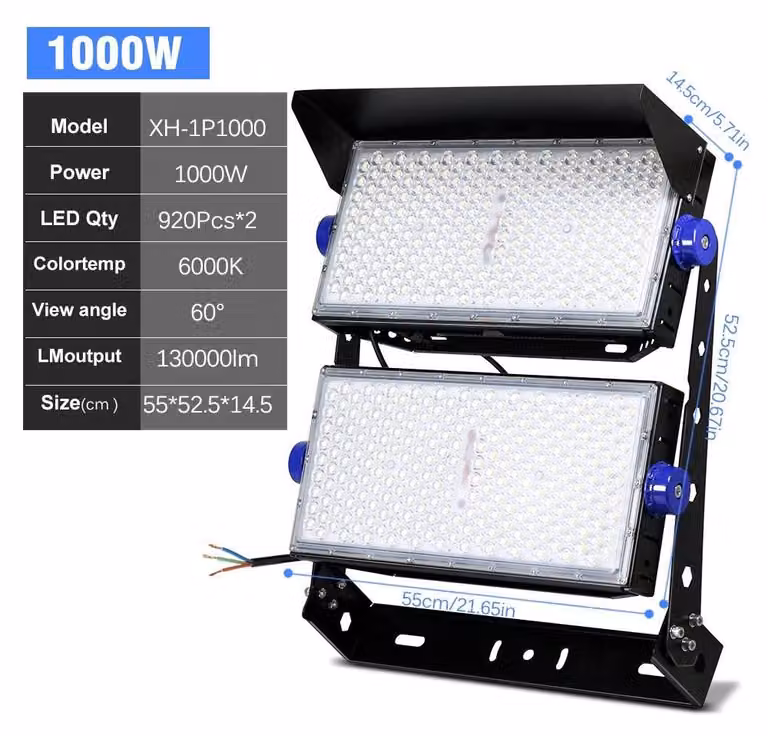Illuminazione LED per stadi - Modello XH-1P1000W - 1000 W, alta potenza - 150 lm/W - 6000 K, bianco freddo - Grado di protezione IP65, resistente all'acqua - Alimentazione AC 120-277 V, ideale per parcheggi e gallerie