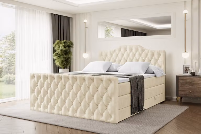 Letto boxspring ALTDECOR con pediera, 2 materassi e topper - 200x200 cm - VILA-1-Z KING - Velluto beige - Letto imbottito con materassi H3 e H4, contenitore e rete a doghe, letto con spazio contenitivo