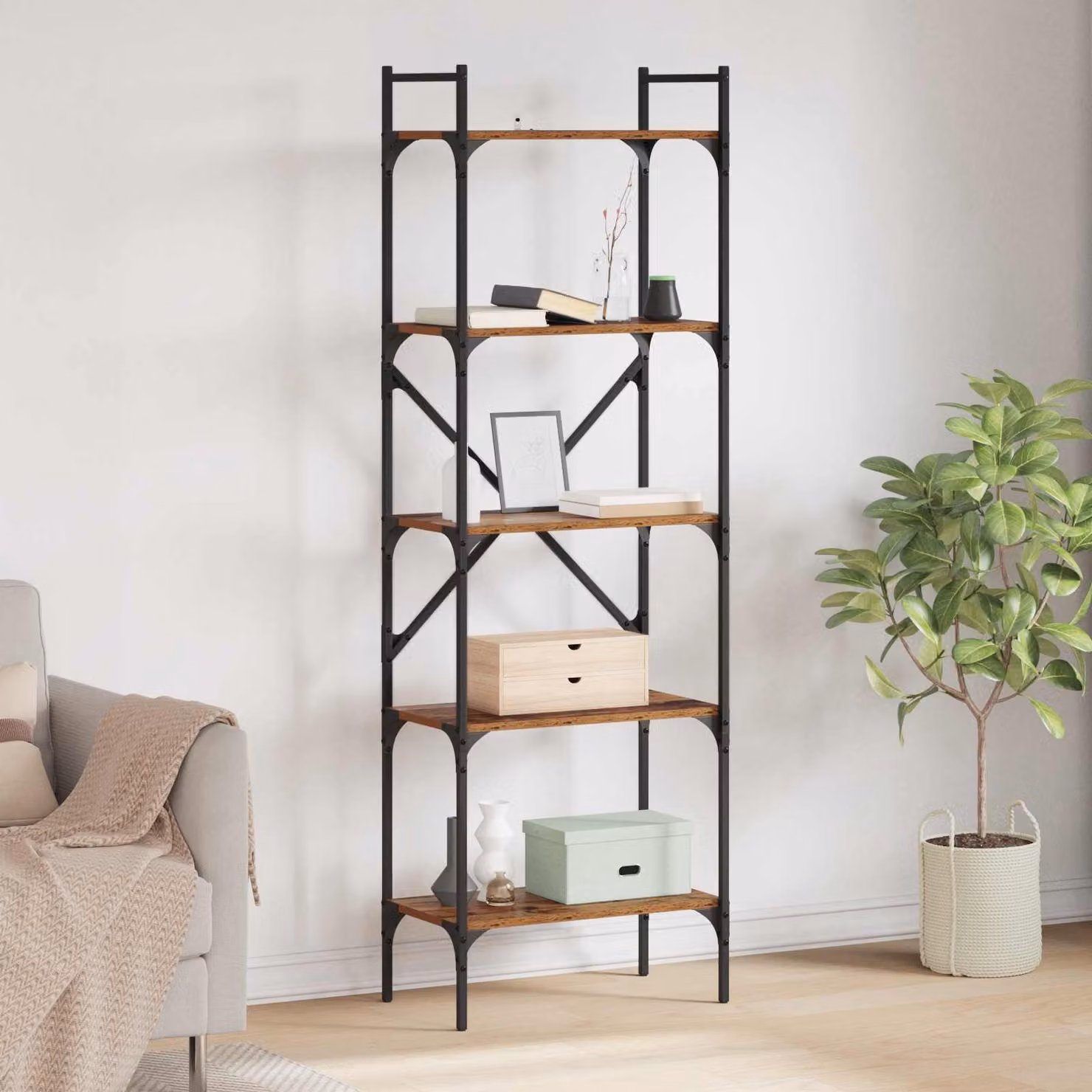 Libreria moderna vidaXL a 5 livelli in legno e metallo, colore marrone, L: 56 cm, P: 32 cm, H: 174 cm