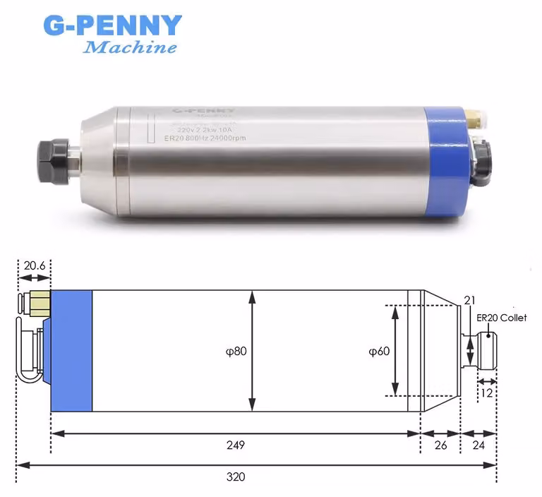 Motore a mandrino metallico, potenza 2,2 kW, funzionamento a raffreddamento ad acqua, alimentazione 220V, frequenza 400Hz-12000 giri/minuto