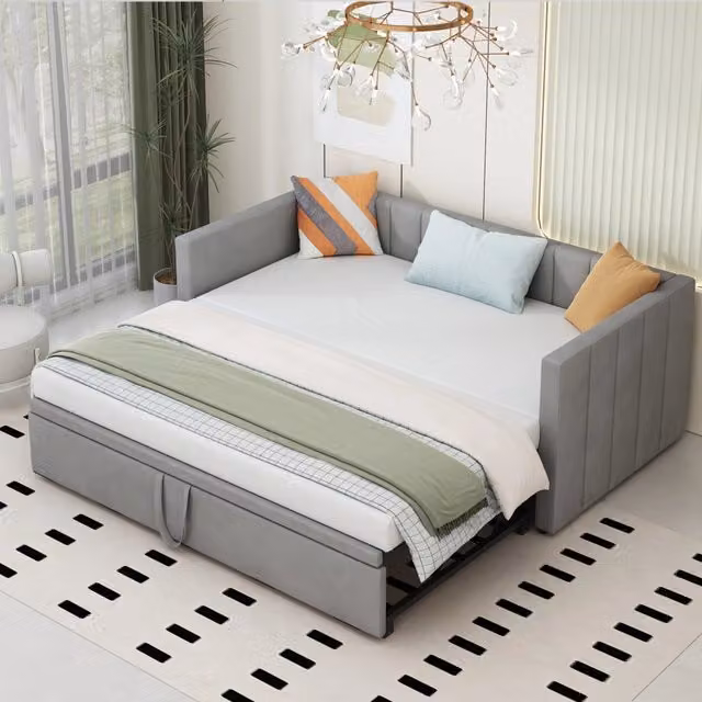 Letto estraibile imbottito 90 × 200 cm con secondo letto 180 × 200 cm, senza materasso, grigio