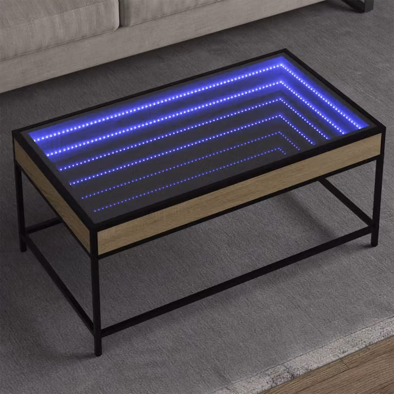 Tavolino da salotto moderno vidaXL con LED in vetro e legno, colore beige e marrone, L: 90 cm, P: 50 cm, H: 41 cm