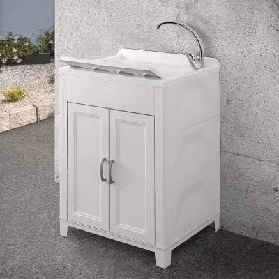 Mobile lavatoio da esterno Outsunny con vasca in resina e strofinatoio, L: 61,0 cm, P: 50,5 cm, H: 83,5 cm, bianco e grigio