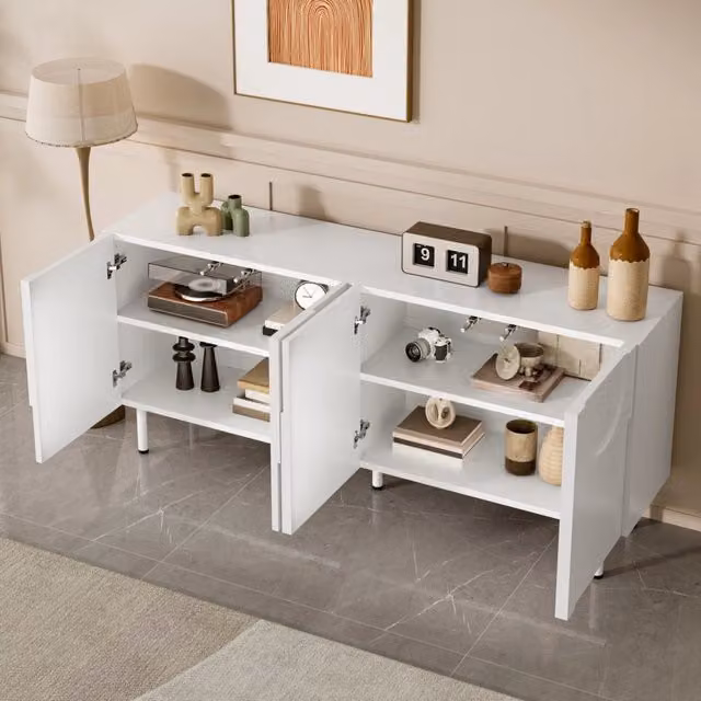 Credenza e madia geometrica con ante silenziose, per sala da pranzo, in MDF e truciolare bianca, 160 × 38,5 × 70 cm