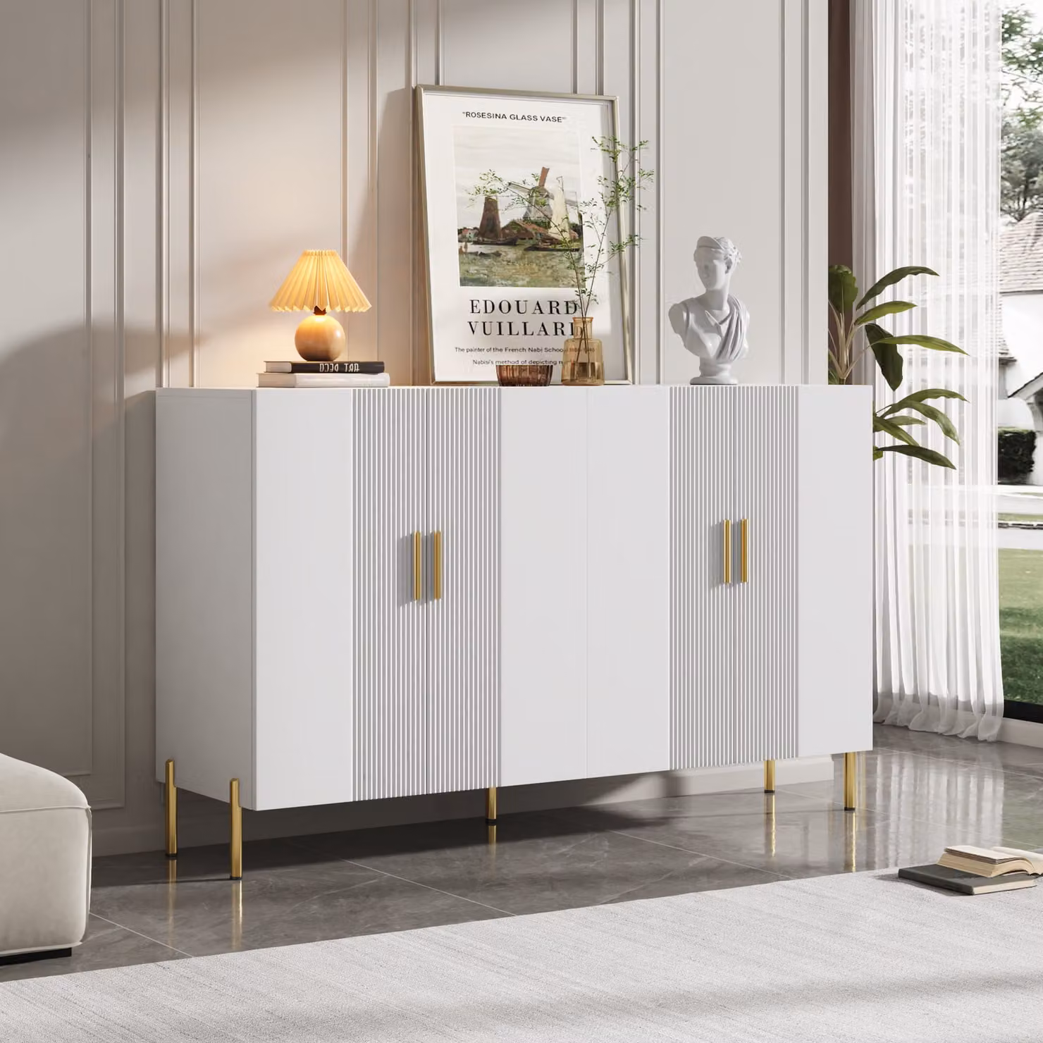 MODFU, mobile da cucina chiuso con 4 ante, buffet con maniglie in metallo dorato, adatto per soggiorno, camera da letto, cameretta, stanza degli adolescenti e ufficio, colore bianco