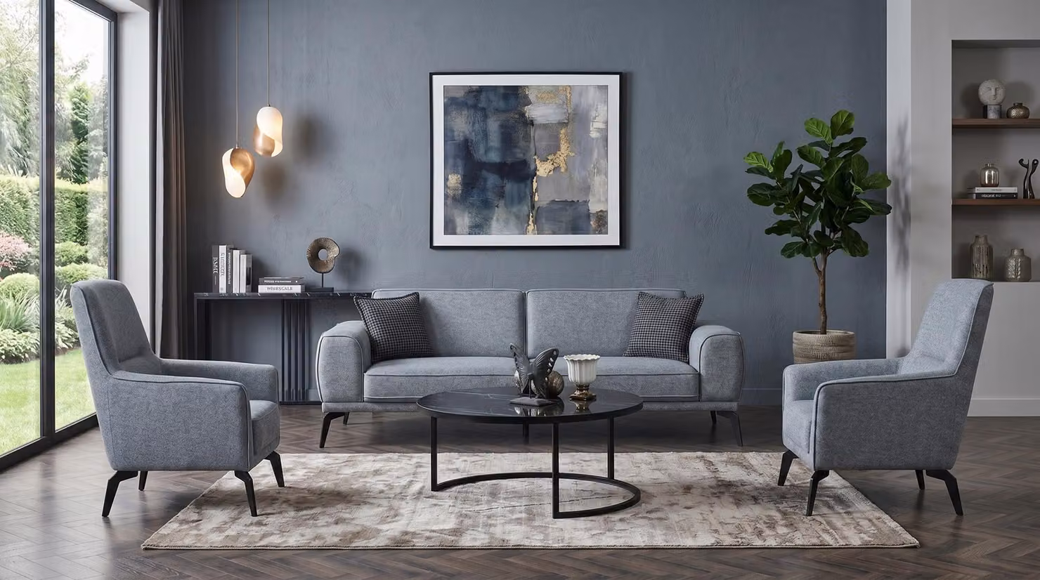 Divano a 3 posti, due poltrone, tavolino da caffè. Design moderno, colore grigio antracite, stile elegante