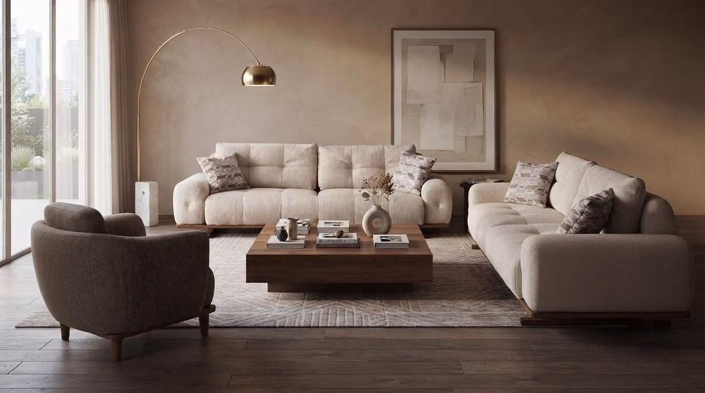 Modern Weißes Sofa Set 2x 3-Sitzer Sessel Stoffbezug Holzrahmen